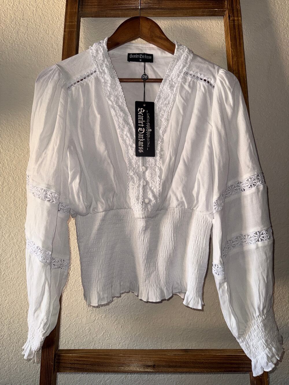 Scarlet Darkness White Cottagecore Lace Smocked Peplum Blouse Women's Medium NWT